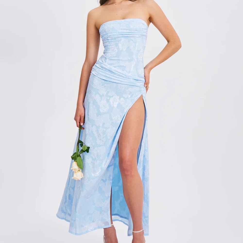 Miss Circle Xatia Baby Blue Jacquard Strapless High Slit Maxi Dress Size M (NWT)